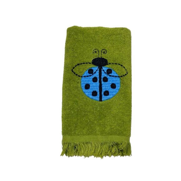 Royal Terry of California Fringed Fingertip Towel Embroidered Ladybug Green - Picture 1 of 9